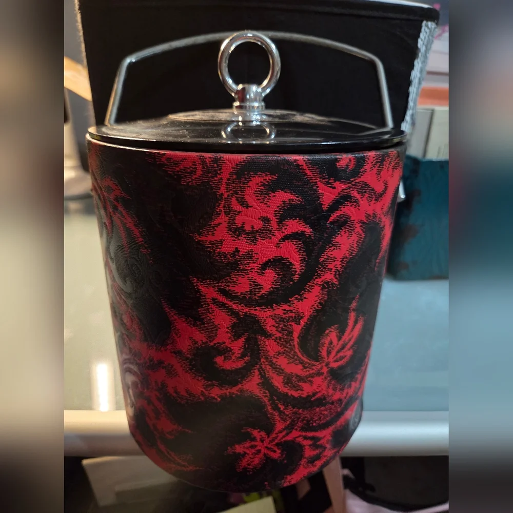 Vintage MCM Thermo Ice Bucket Black & Red, Silver Tone - Very GROOVY! 1960s!!